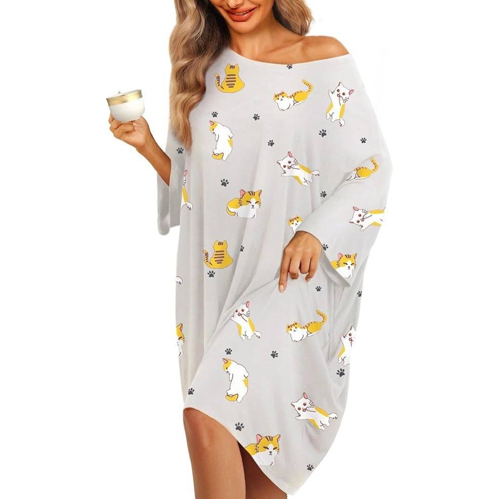 KFUBUO Plus Size Nightgowns for Women Grey Cat Fit S-5XL Oversized Sleep